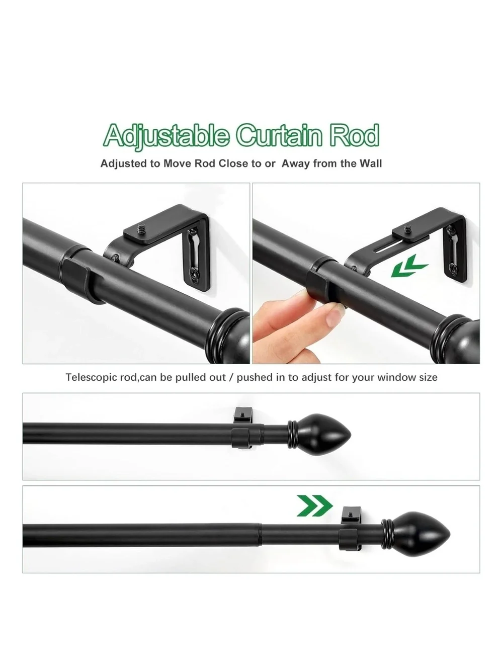Adjustable Black Curtain Rod Set with Decorative Finials and Mounting Brackets